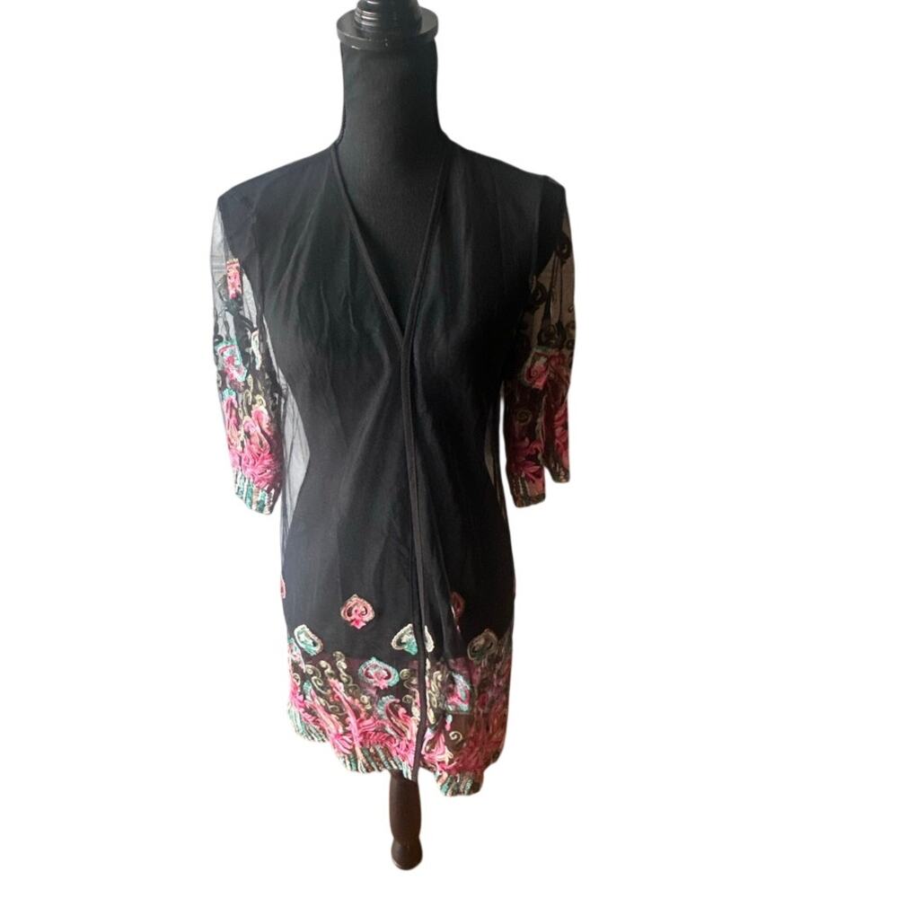 Black Sheer Floral Embroidered Kimono Duster Cardigan L – Boho Chic Layer